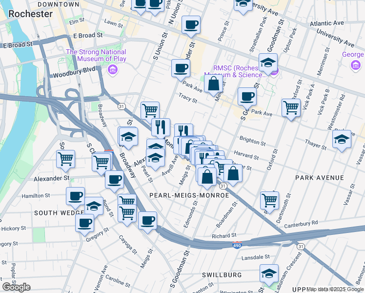 map of restaurants, bars, coffee shops, grocery stores, and more near 8 Averill Court in Rochester