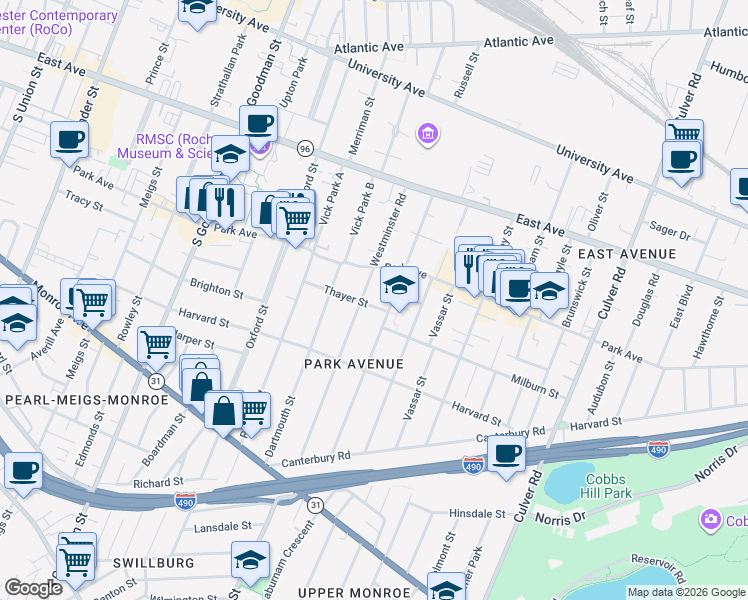 map of restaurants, bars, coffee shops, grocery stores, and more near 202 Westminster Road in Rochester