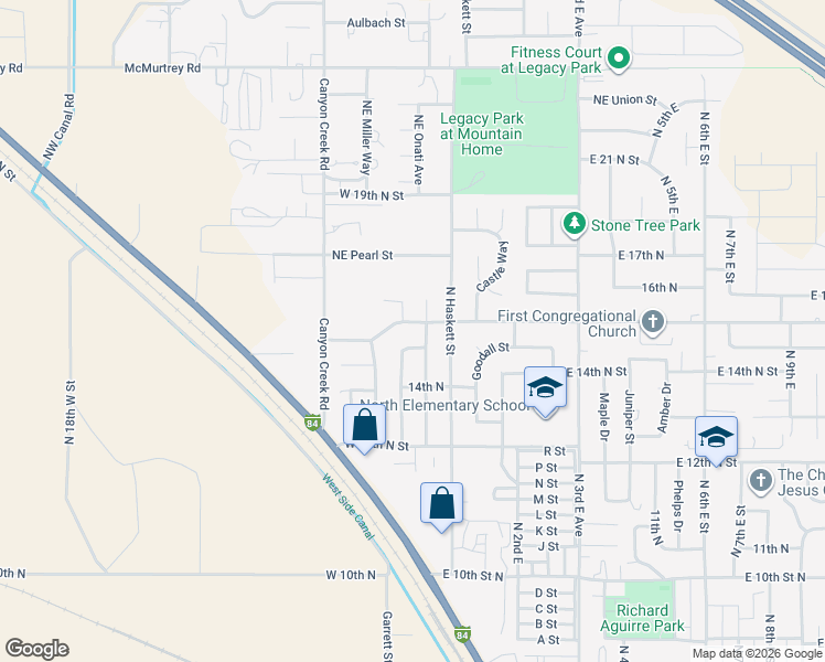 map of restaurants, bars, coffee shops, grocery stores, and more near 165 Del Mar Street in Mountain Home