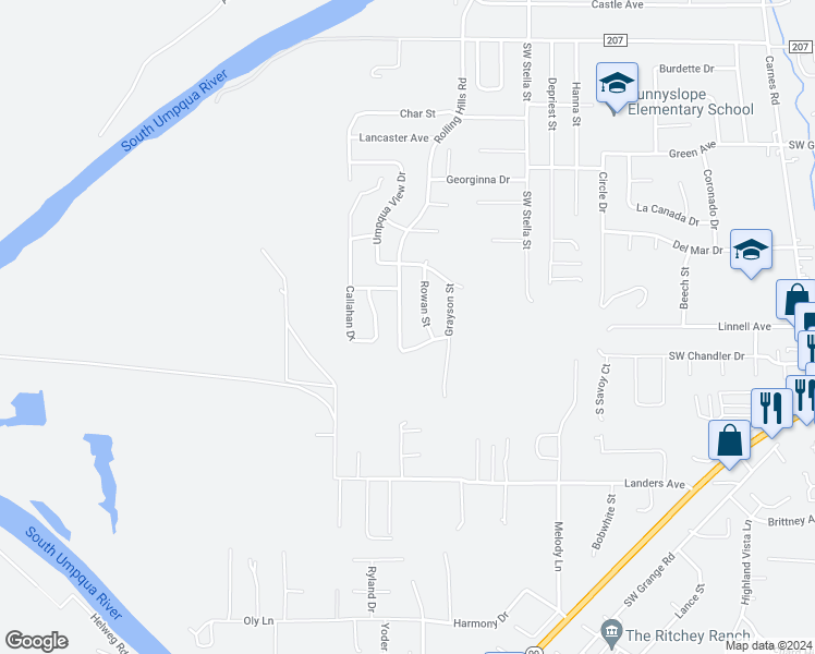 map of restaurants, bars, coffee shops, grocery stores, and more near 955 Rolling Hills Road in Roseburg