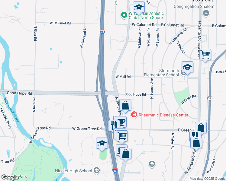 map of restaurants, bars, coffee shops, grocery stores, and more near 7275 N Port Washington Rd in Milwaukee