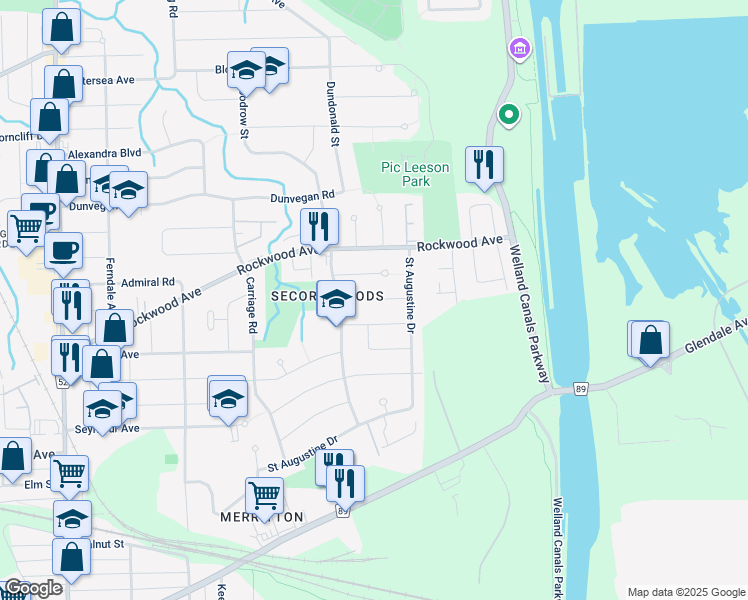 map of restaurants, bars, coffee shops, grocery stores, and more near Brackencrest Road in Saint Catharines