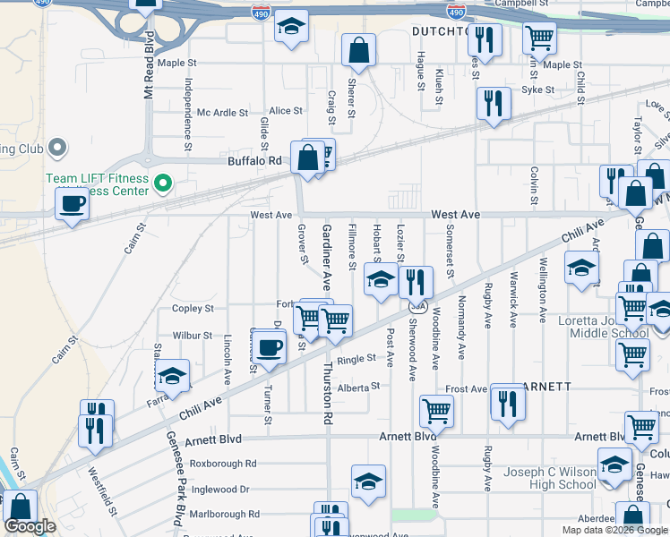 map of restaurants, bars, coffee shops, grocery stores, and more near 120 Gardiner Avenue in Rochester