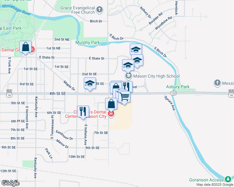map of restaurants, bars, coffee shops, grocery stores, and more near 1700 4th Street Southeast in Mason City