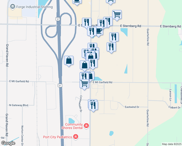 map of restaurants, bars, coffee shops, grocery stores, and more near 5690 South Harvey Street in Muskegon