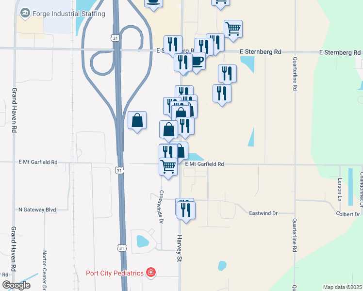 map of restaurants, bars, coffee shops, grocery stores, and more near 5690 South Harvey Street in Muskegon