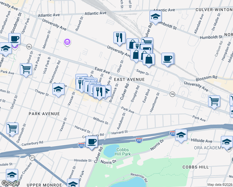 map of restaurants, bars, coffee shops, grocery stores, and more near 106 Brunswick Street in Rochester