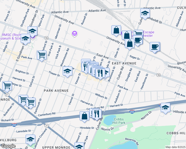 map of restaurants, bars, coffee shops, grocery stores, and more near 707 Park Avenue in Rochester