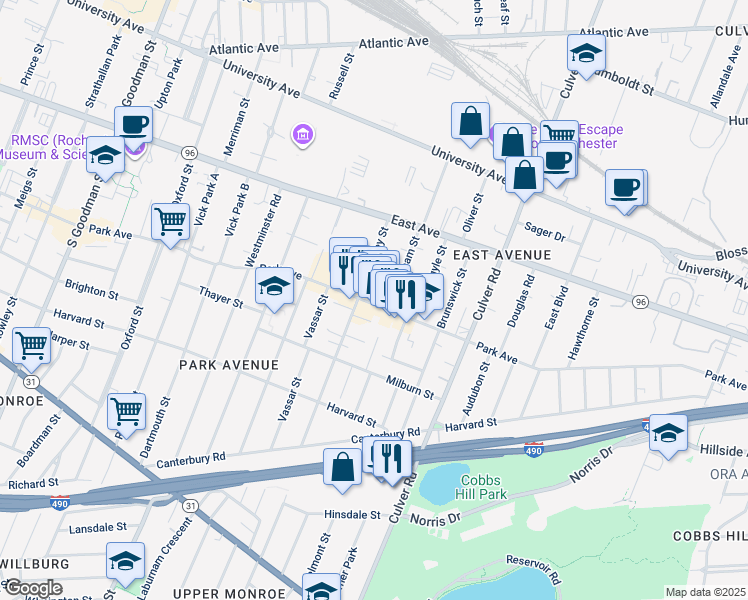 map of restaurants, bars, coffee shops, grocery stores, and more near 707 Park Avenue in Rochester