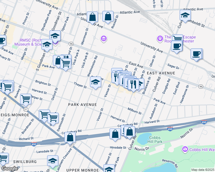 map of restaurants, bars, coffee shops, grocery stores, and more near 53 Vassar Street in Rochester