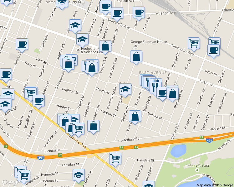 map of restaurants, bars, coffee shops, grocery stores, and more near 202 Westminster Road in Rochester