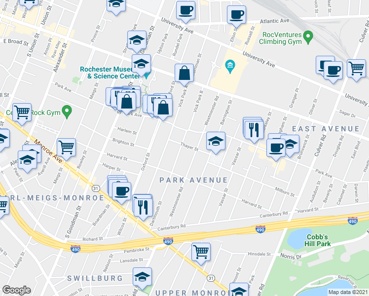 map of restaurants, bars, coffee shops, grocery stores, and more near 84 Dartmouth Street in Rochester