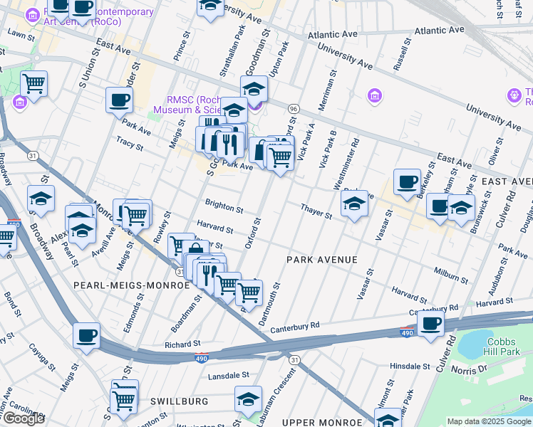map of restaurants, bars, coffee shops, grocery stores, and more near 400 Oxford Street in Rochester