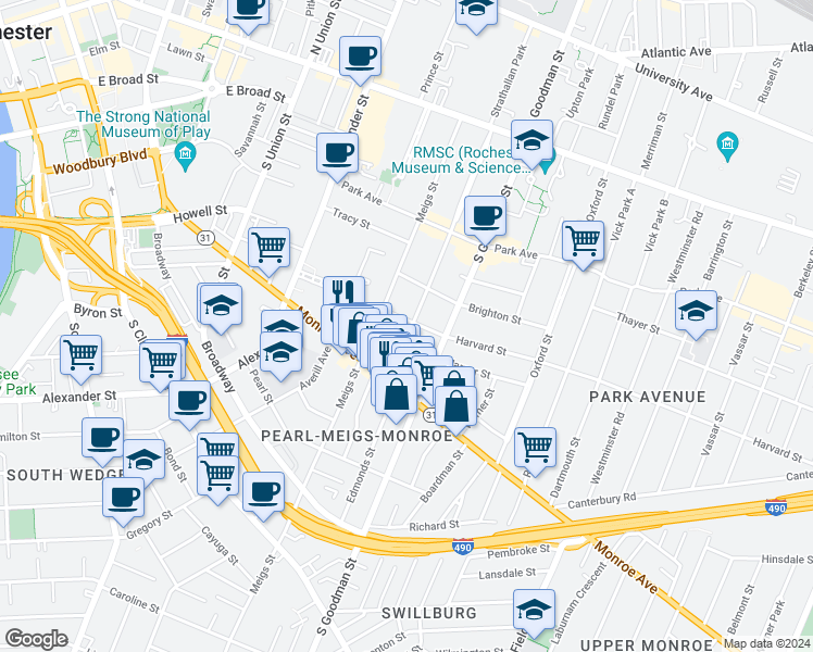 map of restaurants, bars, coffee shops, grocery stores, and more near 55 Rowley Street in Rochester