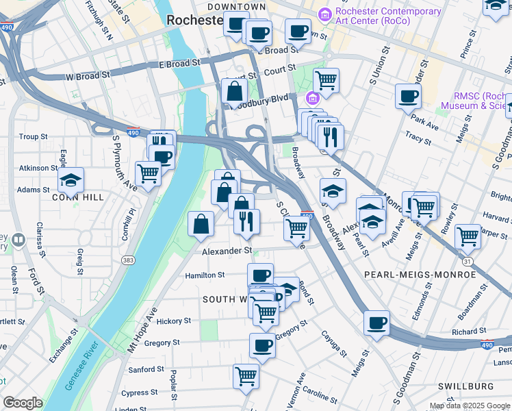 map of restaurants, bars, coffee shops, grocery stores, and more near 436 South Avenue in Rochester