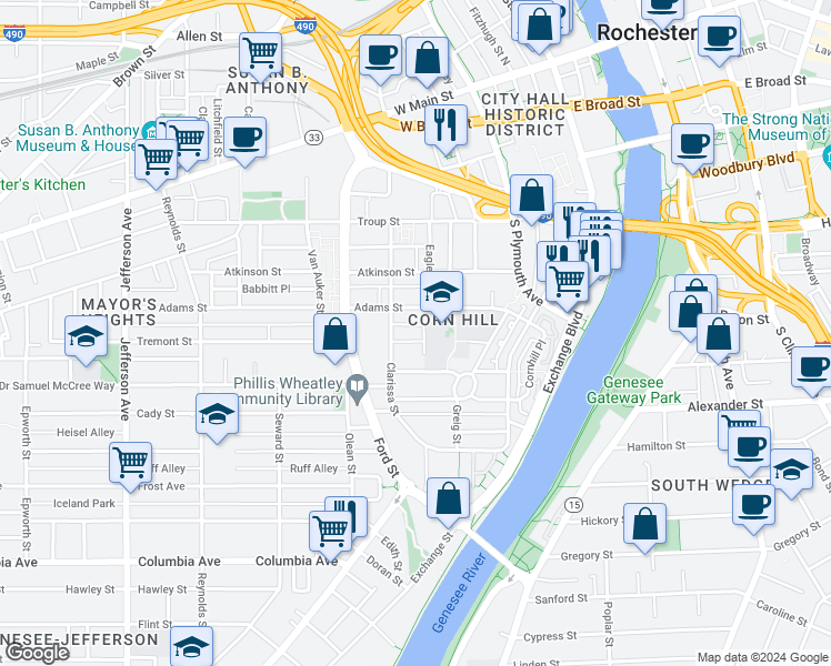 map of restaurants, bars, coffee shops, grocery stores, and more near 97 Tremont Circle in Rochester