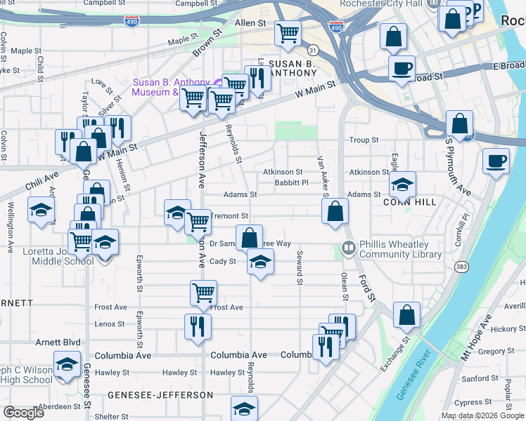 map of restaurants, bars, coffee shops, grocery stores, and more near 353 Tremont Street in Rochester