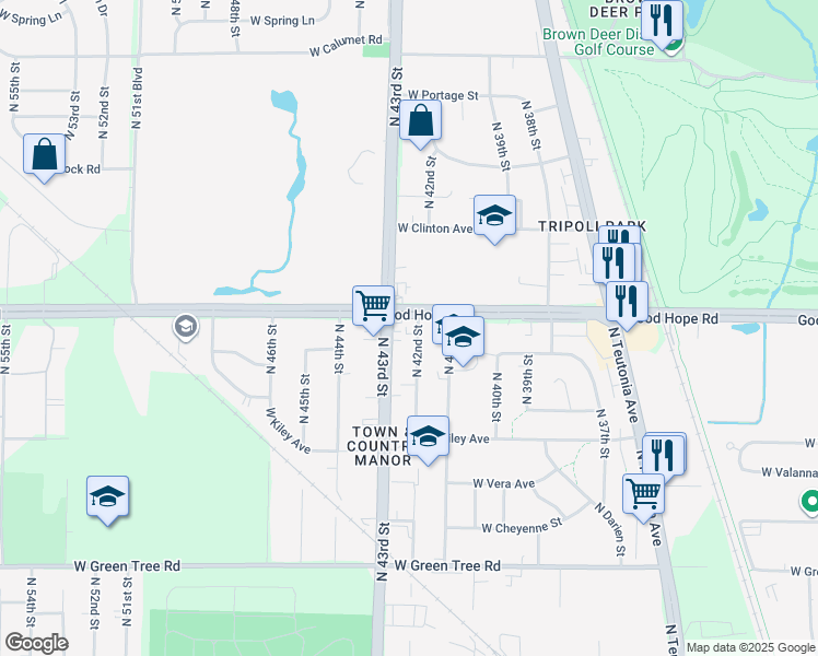 map of restaurants, bars, coffee shops, grocery stores, and more near 7135 North 42nd Street in Milwaukee