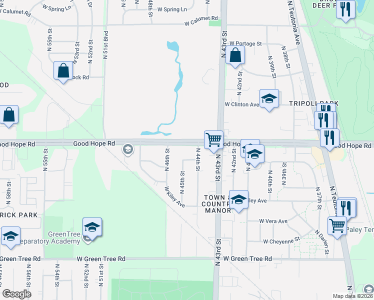 map of restaurants, bars, coffee shops, grocery stores, and more near 7135 North 45th Street in Milwaukee