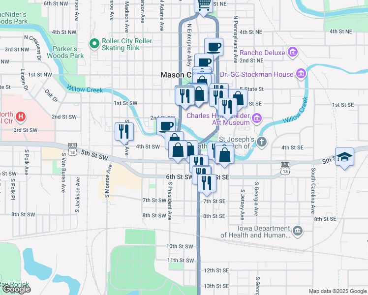 map of restaurants, bars, coffee shops, grocery stores, and more near 15 4th Street Southwest in Mason City