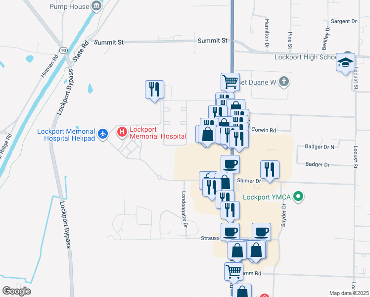 map of restaurants, bars, coffee shops, grocery stores, and more near 6136 Ruhlmann Road in Lockport