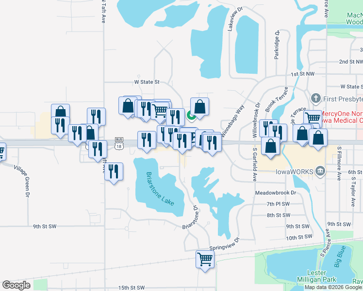 map of restaurants, bars, coffee shops, grocery stores, and more near 2117 4th Street Southwest in Mason City