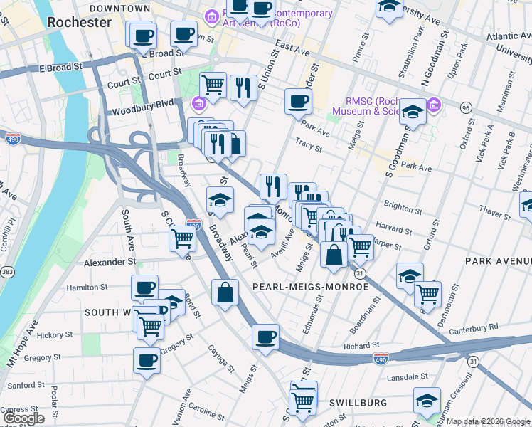 map of restaurants, bars, coffee shops, grocery stores, and more near 172 Alexander Street in Rochester