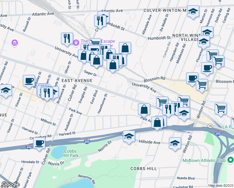 map of restaurants, bars, coffee shops, grocery stores, and more near East Avenue in Rochester