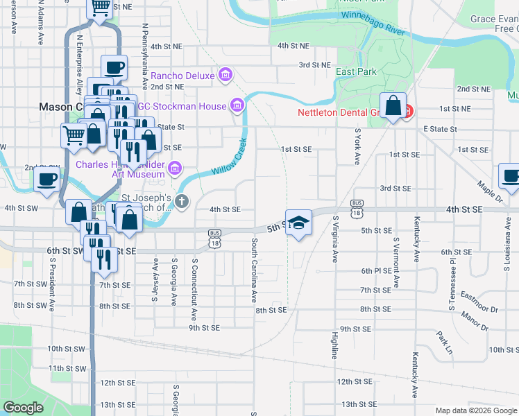 map of restaurants, bars, coffee shops, grocery stores, and more near 421 South Carolina Avenue in Mason City