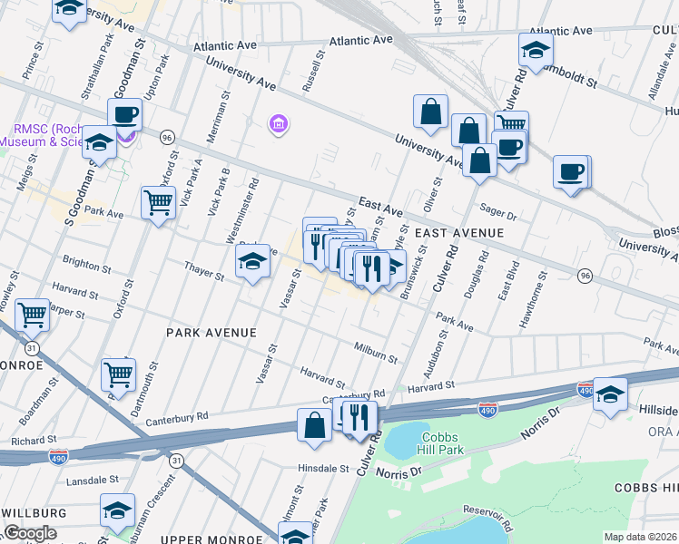 map of restaurants, bars, coffee shops, grocery stores, and more near 688 Park Avenue in Rochester