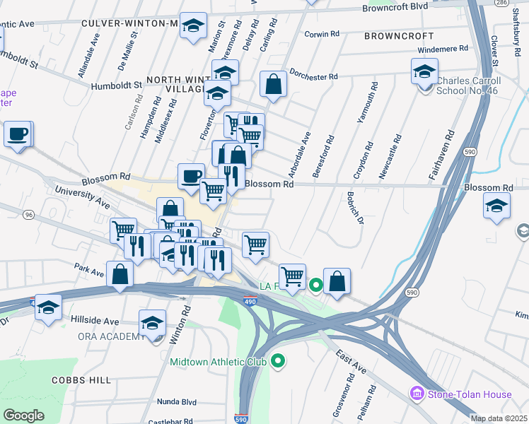 map of restaurants, bars, coffee shops, grocery stores, and more near 43 Shirley Street in Rochester