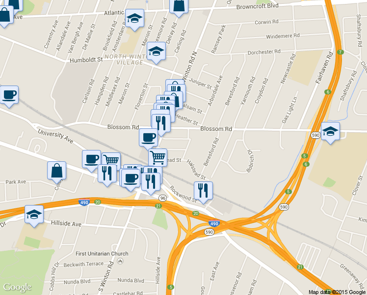 map of restaurants, bars, coffee shops, grocery stores, and more near 15 Shirley Street in Rochester