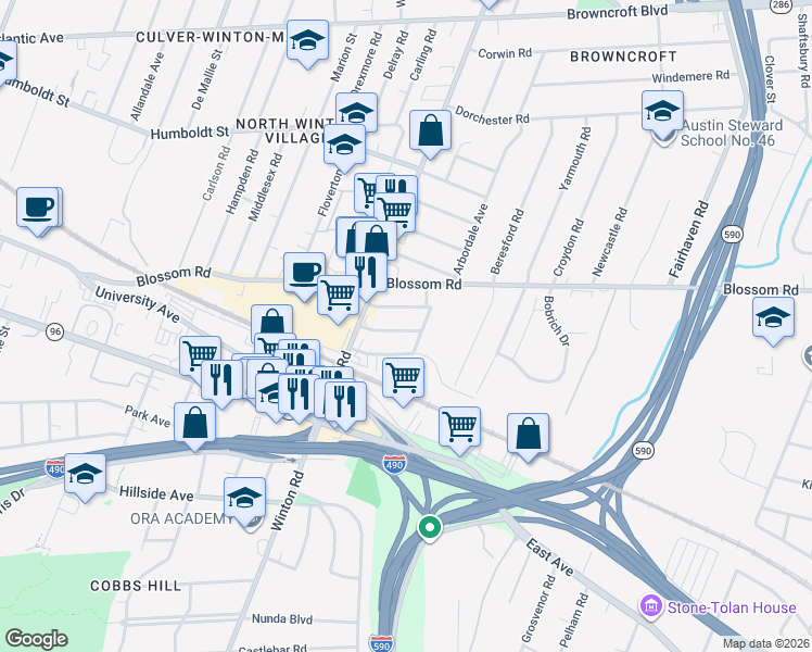 map of restaurants, bars, coffee shops, grocery stores, and more near 15 Shirley Street in Rochester