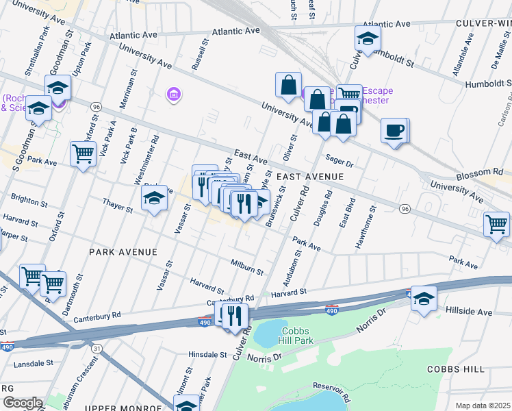 map of restaurants, bars, coffee shops, grocery stores, and more near 126 Argyle Street in Rochester