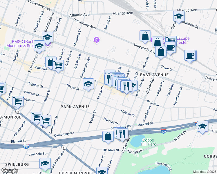 map of restaurants, bars, coffee shops, grocery stores, and more near 161 Berkeley Street in Rochester