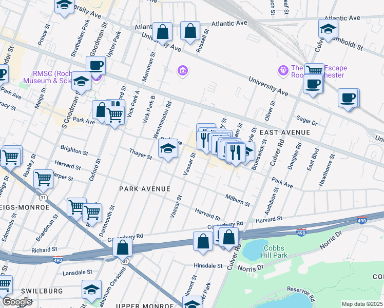 map of restaurants, bars, coffee shops, grocery stores, and more near 53 Vassar Street in Rochester