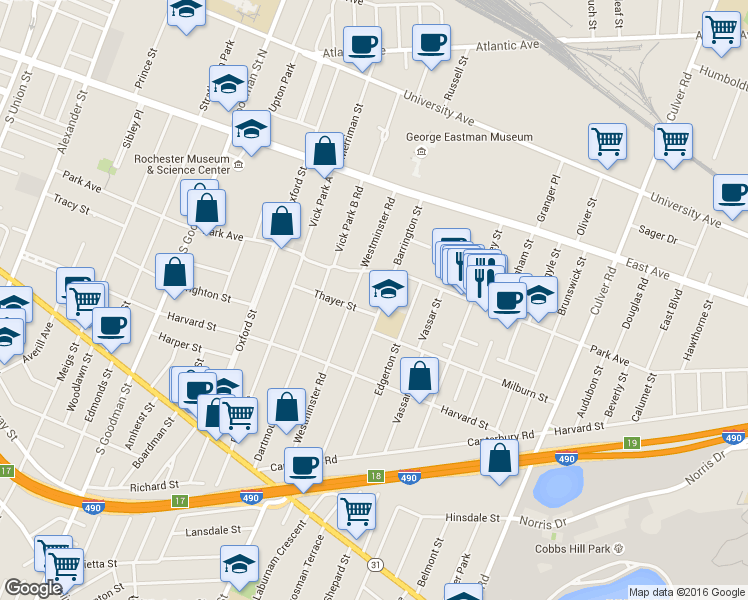 map of restaurants, bars, coffee shops, grocery stores, and more near 170 Barrington Street in Rochester