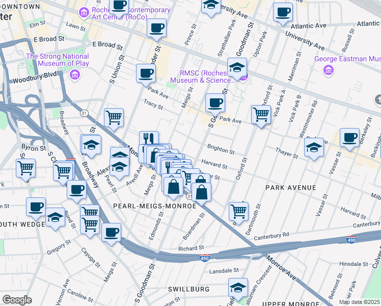 map of restaurants, bars, coffee shops, grocery stores, and more near 315 South Goodman Street in Rochester