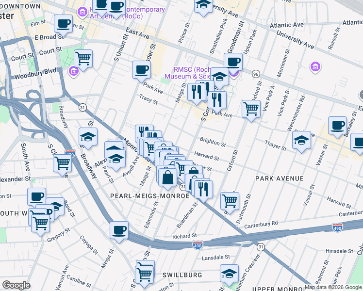 map of restaurants, bars, coffee shops, grocery stores, and more near 315 South Goodman Street in Rochester