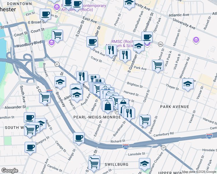 map of restaurants, bars, coffee shops, grocery stores, and more near 55 Rowley Street in Rochester