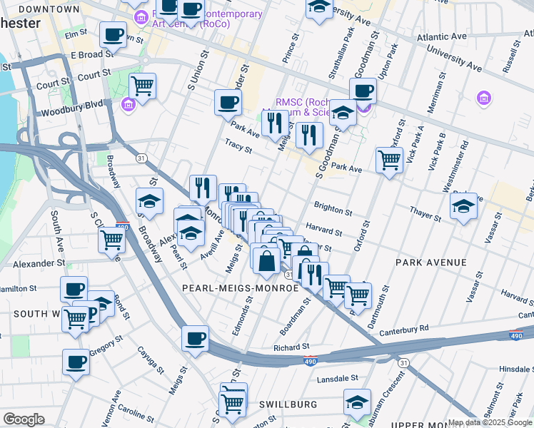 map of restaurants, bars, coffee shops, grocery stores, and more near 55 Rowley Street in Rochester