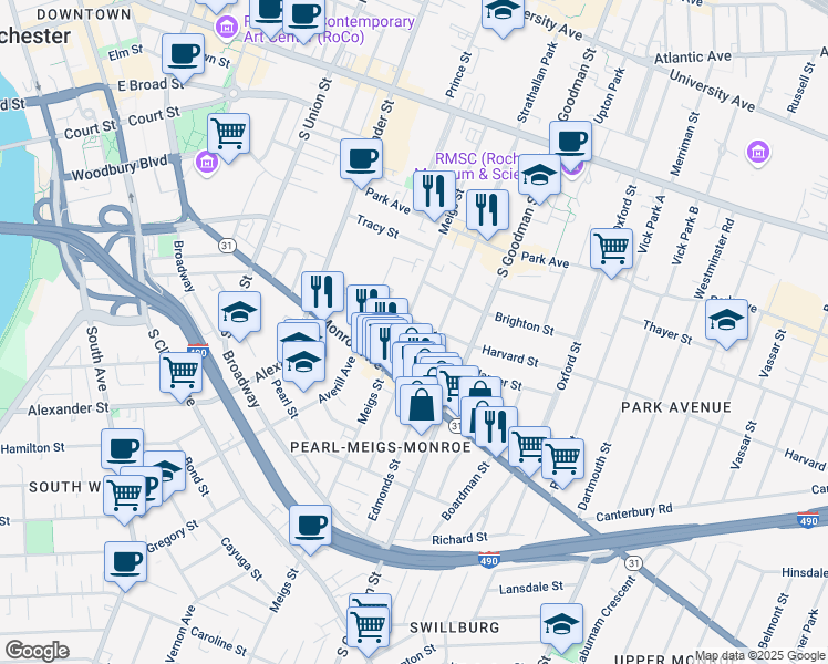 map of restaurants, bars, coffee shops, grocery stores, and more near 55 Rowley Street in Rochester