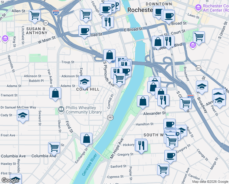 map of restaurants, bars, coffee shops, grocery stores, and more near 86 Cornhill Place in Rochester