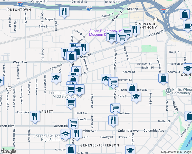 map of restaurants, bars, coffee shops, grocery stores, and more near 220 Jefferson Terrace in Rochester
