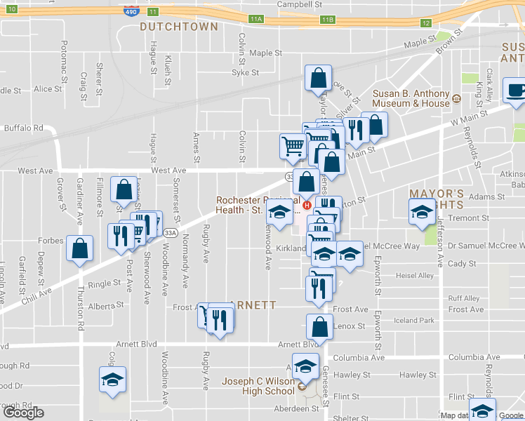 map of restaurants, bars, coffee shops, grocery stores, and more near 79 Kenwood Avenue in Rochester