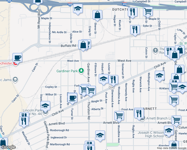 map of restaurants, bars, coffee shops, grocery stores, and more near 120 Gardiner Avenue in Rochester