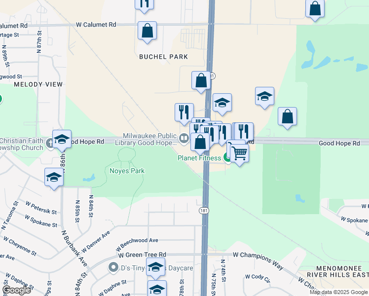 map of restaurants, bars, coffee shops, grocery stores, and more near 7717 ADJ West Good Hope Road in Milwaukee