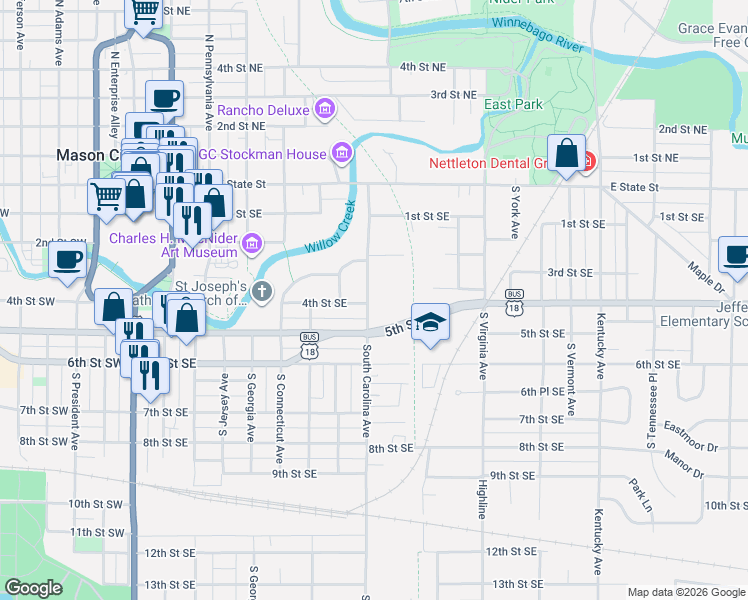 map of restaurants, bars, coffee shops, grocery stores, and more near 421 South Carolina Avenue in Mason City