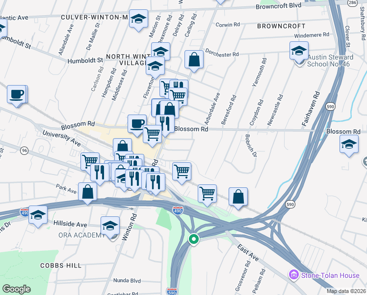 map of restaurants, bars, coffee shops, grocery stores, and more near 15 Shirley Street in Rochester