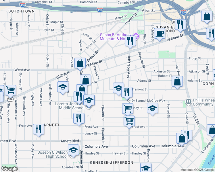 map of restaurants, bars, coffee shops, grocery stores, and more near 220 Jefferson Terrace in Rochester